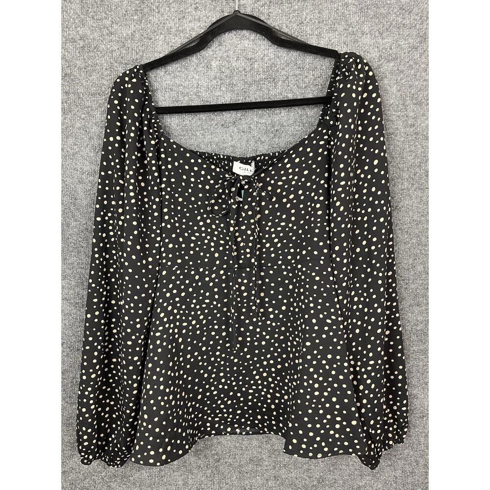 Gilli Mable Square Neck Blouse Black Cream Poka dots Puff Long-Sleeve Nwt